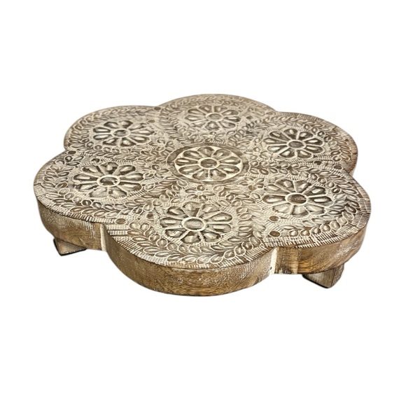 Other - Floral Carved Wooden Trivet Stand Rustic White Distressed